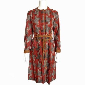 Bonnie Cashin for Sills Coat Abstract Tweed Knit Suede Trim Tie Wrap Waist 60s